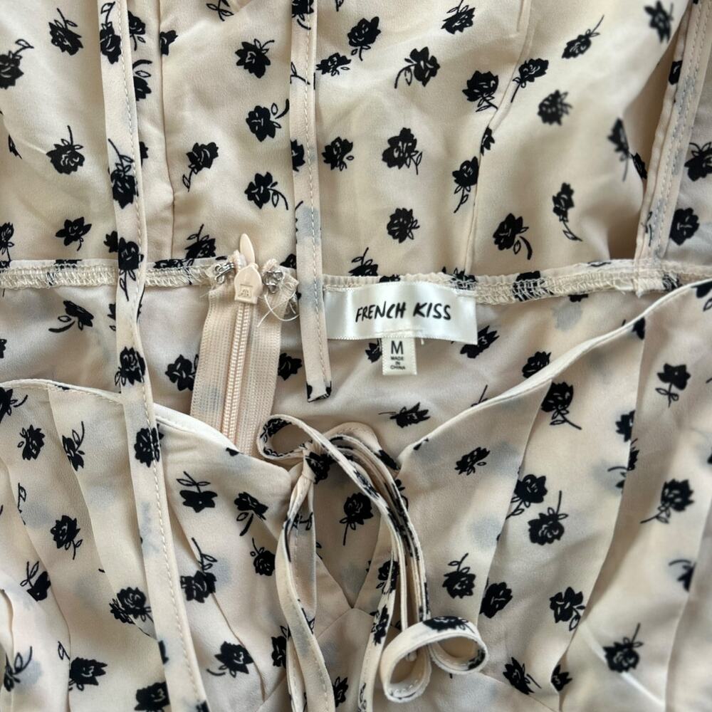 French Kiss Cream Floral Mini Dress Puff Sleeve Tie Front Size M - Picture 5 of 8